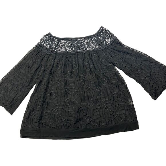 Anthropologie Tops - Language Womens Embroidered Tunic Top Lace Yoke 3/4 Sleeve Silk Blend Black Sz S